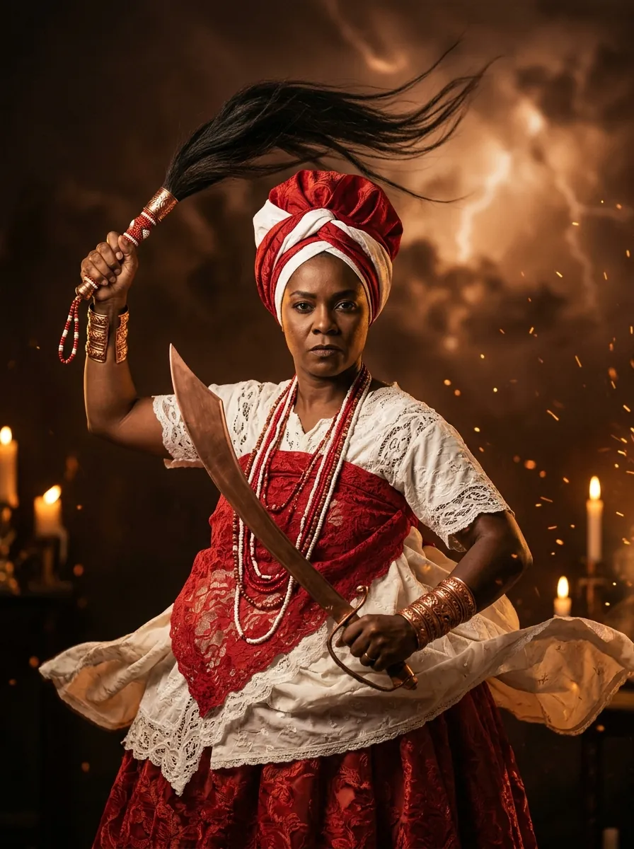 Iansã, ilustração: mulher de vermelho e branco com as roupas ao vento, segurando uma espada curva e um eruexim, com raios ao fundo