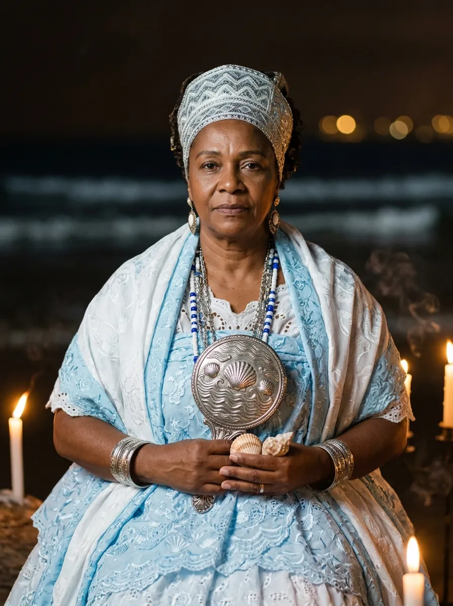 Iemanjá, ilustração: mulher de vestes azul-claras e brancas segurando um abebé prateado, com o mar à noite ao fundo