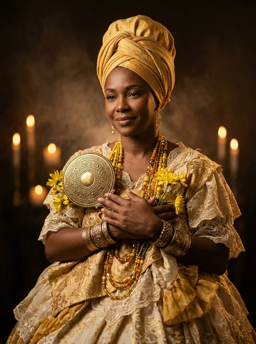 Oxum, ilustração: mulher de turbante e vestes douradas segurando um abebé dourado e flores amarelas, à luz de velas
